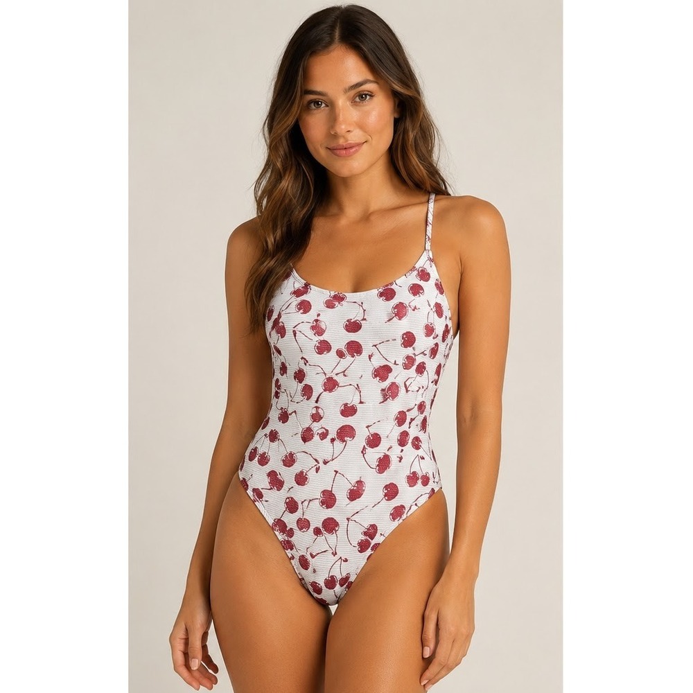 Andie One Piece Swimsuit Discontinued Red Cherry Stripped Ribbed Adj Strap Est S
